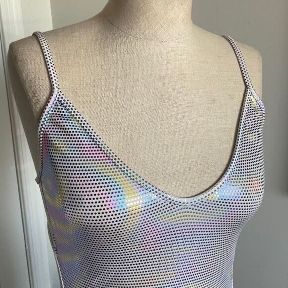 Holographic Mini Dress Tie Back, 80’s L.W. Sin-Sations body con sz s/m form fit - Picture 4 of 16